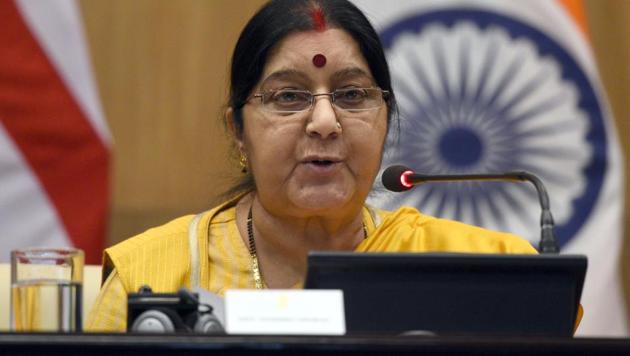 Sushma Swaraj said she mentioned to Pompeo that on the basis of the friendship between Trump and PM Narendra Modi, Indians believe that the US will not work against their interest.(Sonu Mehta/HT Photo)