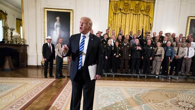 President Donald Trump comments on an opinion piece that a senior administration official published anonymously in the New York Times during an event with law enforcement personnel at the White House in Washington, Sept. 5, 2018. (NYT) President Donald Trump comments on an opinion piece that a senior administration official published anonymously in the New York Times during an event with law enforcement personnel at the White House in Washington, Sept. 5, 2018. (NYT)