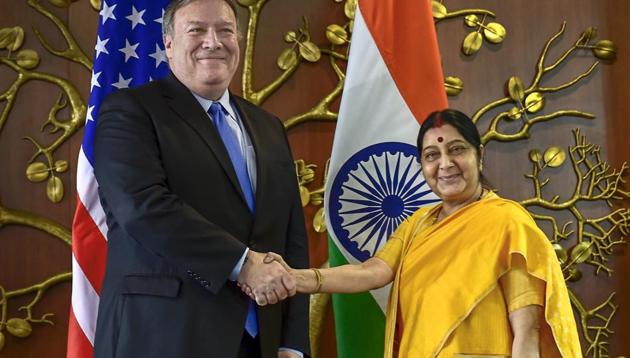New Delhi: Foreign Minister Sushma Swaraj shakes hands with US Secretary of State Mike Pompeo before a meeting, in New Delhi, Thursday, Sept 6, 2018. (PTI Photo/Kamal Singh) (PTI9_6_2018_000011B)(AP)