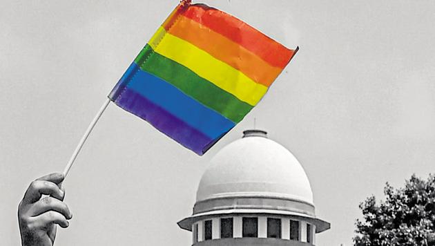 An activist waves a rainbow flag after the Supreme Court verdict which decriminalises consensual gay sex, outside the Supreme Court in New Delhi.(PTI Photo)