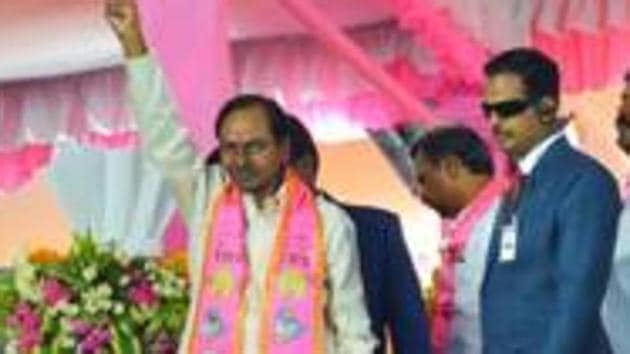 Telangana chief minister K Chandrasekhar Rao waves to supporters during his public rally on Sunday. (HT Photo) Telangana chief minister K Chandrasekhar Rao waves to supporters during his public rally on Sunday. (HT Photo)