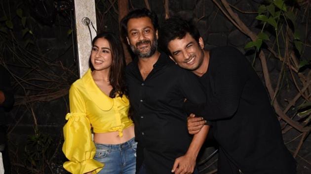 Sushant Singh Rajput, Sara Ali Khan and Abhishek Kapoor at the wrap-up party of their upcoming film Kedarnath in Mumbai on July 1, 2018.(IANS)