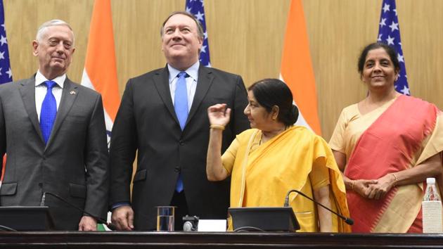 US Secretary of State Mike Pompeo, US Secretary of Defence James Mattis, India’s Foreign Minister Sushma Swaraj and India’s Defence Minister Nirmala Sitharaman attend a joint news conference after a meeting in New Delhi, Sept 6.(Sonu Mehta / HT Photo)