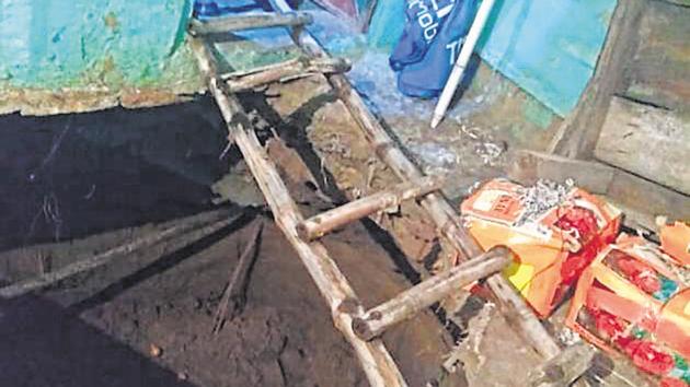 The floor of a house in Wazirganj in Hardoi district caved in due to rains. Six people were killed in two rain-related incidents in the district on September 6, 2018.(HT Photo)