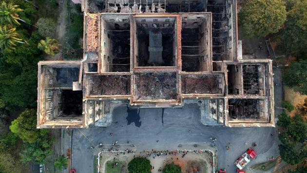 Drone view of Rio de Janeiro’s treasured National Museum, one of Brazil’s oldest, a day after a massive fire ripped through the building. (Mauro Pimentel / AFP) Drone view of Rio de Janeiro’s treasured National Museum, one of Brazil’s oldest, a day after a massive fire ripped through the building. (Mauro Pimentel / AFP)