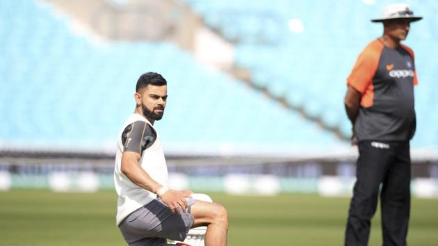 India's Virat Kohli attends a nets session ahead of India's fifth cricket test match against England beginning on Friday, at The Kia Oval, London, Thursday, Sept. 6, 2018. (Adam Davy/PA via AP)(AP)