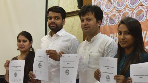 ABVP National Media Coordinator Monika Chaudhary, DUSU president candidate Ankiv Baisova, ABVP National General Secretary Ashish Chauhan and DUSU Joint Secretary candidate Jyoti Chaudhary release ABVP manifesto for DUSU election at Press Club in New Delhi on Thursday. (Mohd Zakir/HT Photo) ABVP National Media Coordinator Monika Chaudhary, DUSU president candidate Ankiv Baisova, ABVP National General Secretary Ashish Chauhan and DUSU Joint Secretary candidate Jyoti Chaudhary release ABVP manifesto for DUSU election at Press Club in New Delhi on Thursday. (Mohd Zakir/HT Photo)