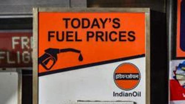 A notice board displays the revised prices of petrol and diesel outside a fuel station, in Mumbai on Tuesday, September 4.(PTI Photo) A notice board displays the revised prices of petrol and diesel outside a fuel station, in Mumbai on Tuesday, September 4.(PTI Photo)