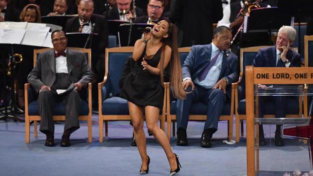 Ariana Grande performs during Aretha Franklin’s funeral at Greater Grace Temple in Detroit, Michigan. (Angela Weiss / AFP) Ariana Grande performs during Aretha Franklin’s funeral at Greater Grace Temple in Detroit, Michigan. (Angela Weiss / AFP)