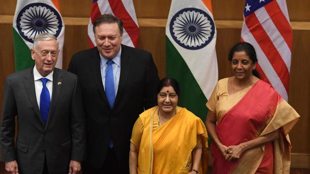 US secretary of defense Jim Mattis (L), US secretary of state Mike Pompeo (2L), Indian foreign minister Sushma Swaraj (2R) and Indian defence minister Nirmala Sitharaman (R) after a meeting in New Delhi on September 6, 2018. (AFP Photo) US secretary of defense Jim Mattis (L), US secretary of state Mike Pompeo (2L), Indian foreign minister Sushma Swaraj (2R) and Indian defence minister Nirmala Sitharaman (R) after a meeting in New Delhi on September 6, 2018. (AFP Photo)