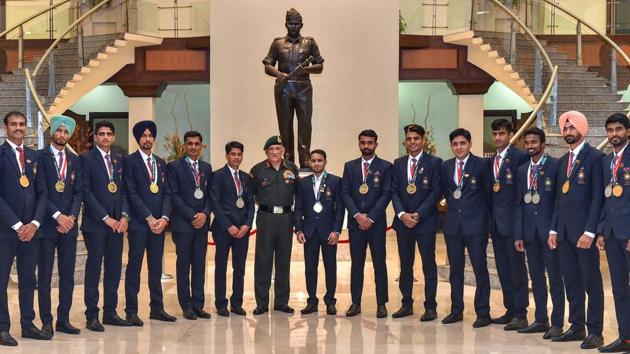 Army Chief Gen. Bipin Rawat, poses for a group photo with the sportsmen from the army who won medals in the Asian Games 2018, in New Delhi. (Kamal Kishore / PTI) Army Chief Gen. Bipin Rawat, poses for a group photo with the sportsmen from the army who won medals in the Asian Games 2018, in New Delhi. (Kamal Kishore / PTI)