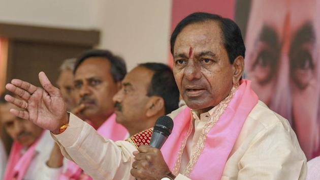 Telangana chief minister K Chandrashekhar Rao addresses the party workers before submitting his government's recommendation for dissolving the Assembly in Hyderabad. (PTI Photo) Telangana chief minister K Chandrashekhar Rao addresses the party workers before submitting his government's recommendation for dissolving the Assembly in Hyderabad. (PTI Photo)