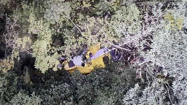 An aerial view of the chopper that crashed with seven people on board in Nepal on September 8.(Twitter/ANI Photo) An aerial view of the chopper that crashed with seven people on board in Nepal on September 8.(Twitter/ANI Photo)