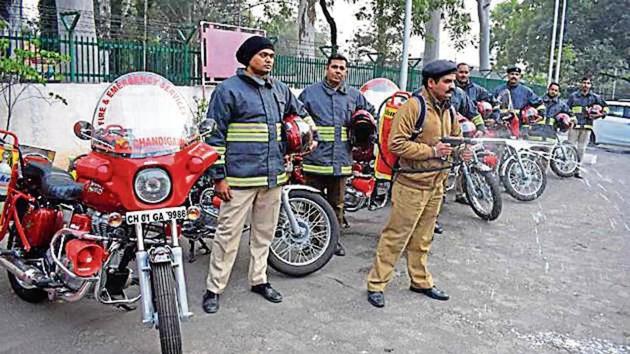 The decision to buy the eight motorcycles (pic above), each costing <span class='webrupee'>?</span>6.5 lakh, was taken after they were purchased by the Chandigarh fire department to fight flames in congested areas. (HT Photo)