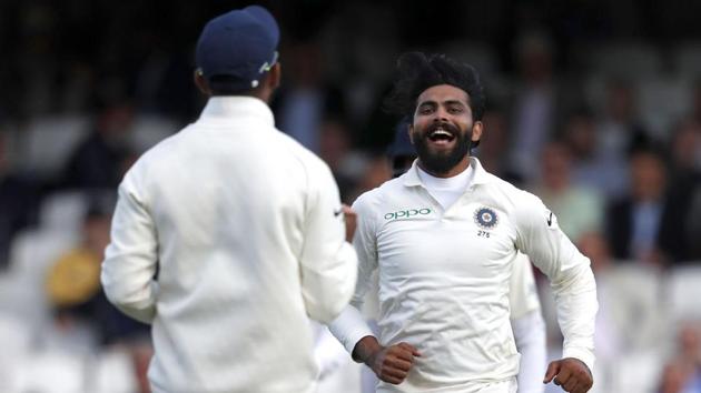 India's Ravindra Jadeja (R) celebrates after taking the wicket of England's Ben Stokes during play on the first day of the fifth Test cricket match between England and India at The Oval in London on September 7, 2018.(AFP) India's Ravindra Jadeja (R) celebrates after taking the wicket of England's Ben Stokes during play on the first day of the fifth Test cricket match between England and India at The Oval in London on September 7, 2018.(AFP)
