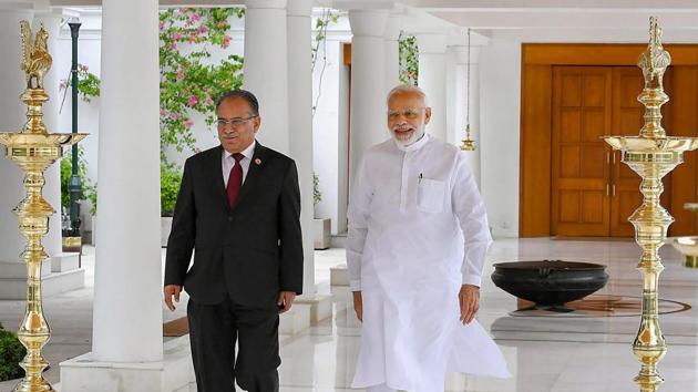 Prachanda, also the co-chairman of the Nepal Communist Party, called on PM Modi in New Delhi.(PTI)