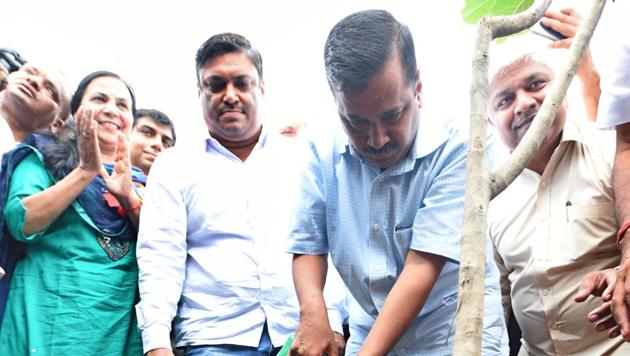 Chief minister Arvind Kejriwal after planting a sapling during the launch of a mass plantation drive at Yamuna flood plains.(Sonu Mehta/ Hindustan Times)