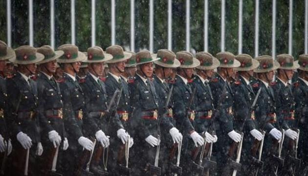 Nepalese Army personnel wait in the rain to present the guard of honour to Sri Lanka's President Maithripala Sirisena before his arrival to attend the Bay of Bengal Initiative for Multi-Sectoral Technical and Economic Cooperation (BIMSTEC) summit in Kathmandu, Nepal August 29, 2018.(REUTERS File Photo)