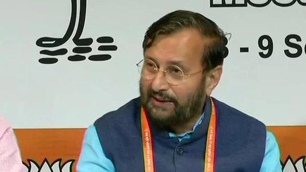 Union minister Prakash Javadekar addressing the media after the BJP national executive meeting on September 9. (Twitter/ANI Photo) Union minister Prakash Javadekar addressing the media after the BJP national executive meeting on September 9. (Twitter/ANI Photo)