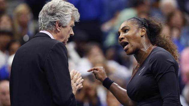 Serena Williams talks with referee Brian Earley during the women's final of the US Open tennis tournament against Naomi Osaka. (AP Photo)