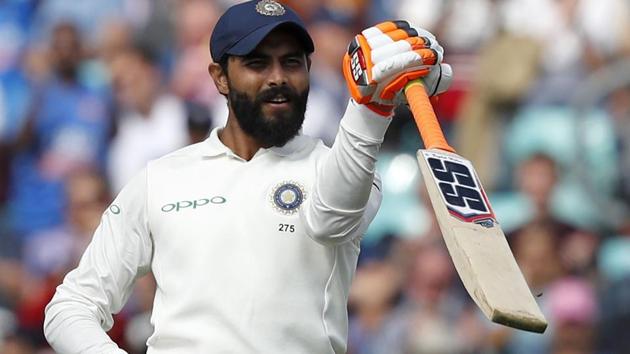 India's Ravindra Jadeja celebrates after reaching his fifty against England at Oval.(AFP) India's Ravindra Jadeja celebrates after reaching his fifty against England at Oval.(AFP)