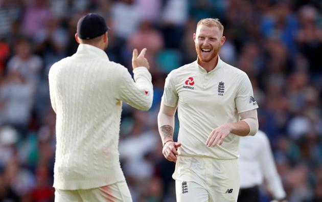 Ben Stokes celebrates taking the wicket of Virat Kohli during the second day of the fifth test match between England and India at the Oval cricket ground. (REUTERS)