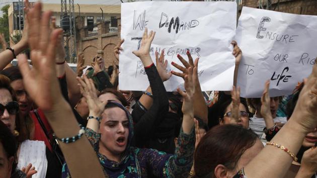 Pakistani transgender people and activists of civil society protest to condemn the killing of their colleague, in Peshawar, Pakistan, Monday, Aug. 20, 2018. A transgender person was shot dead on Thursday night, police said. (AP Photo/Muhammad Sajjad) (AP File Photo/Representative Image) Pakistani transgender people and activists of civil society protest to condemn the killing of their colleague, in Peshawar, Pakistan, Monday, Aug. 20, 2018. A transgender person was shot dead on Thursday night, police said. (AP Photo/Muhammad Sajjad) (AP File Photo/Representative Image)