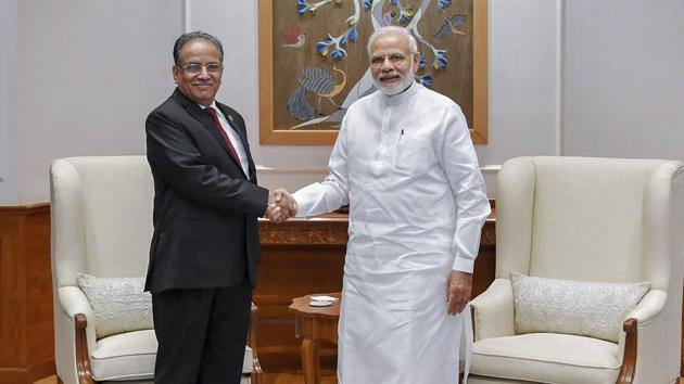 Former prime minister of Nepal Pushpa Kamal Dahal 'Prachanda’ calls on Prime Minister Narendra Modi, in New Delhi on Saturday.(PTI Photo) Former prime minister of Nepal Pushpa Kamal Dahal 'Prachanda’ calls on Prime Minister Narendra Modi, in New Delhi on Saturday.(PTI Photo)