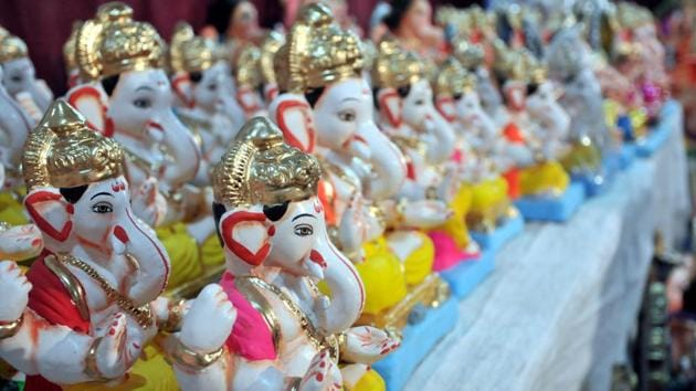 Ecofriendly Ganesh idols made of clay on display for sale at Shukrawar peth on Saturday ahead of Ganeshotsav to be celebrated on September 13. (HT PHOTO) Ecofriendly Ganesh idols made of clay on display for sale at Shukrawar peth on Saturday ahead of Ganeshotsav to be celebrated on September 13. (HT PHOTO)