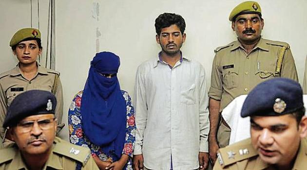 The two accused in police custody at the SSP office, Sector 14A, in Noida, on Sunday. (HT Photo) The two accused in police custody at the SSP office, Sector 14A, in Noida, on Sunday. (HT Photo)