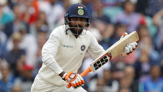 Ravindra Jadeja plays a shot during his unbeaten knock of 86 on Sunday.(AFP)