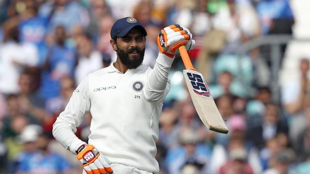 India's Ravindra Jadeja celebrates after reaching his fifty during play on the third day of the fifth Test cricket match between England and India. (AFP)