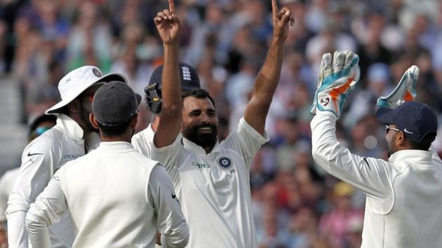 India's Mohammed Shami (C) celebrates after bowling England's Keaton Jennings. (AFP)