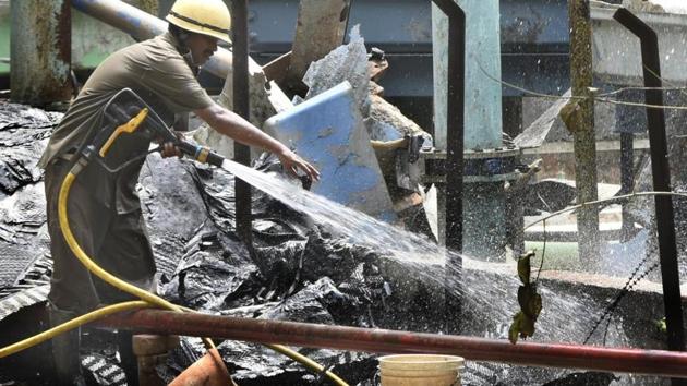 Fire fighters attempt to douse a fire which broke out while a labour was doing welding work, at Prasar Bharati, Doordarshan Bhawan in New Delhi, India. (HT File Photo) Fire fighters attempt to douse a fire which broke out while a labour was doing welding work, at Prasar Bharati, Doordarshan Bhawan in New Delhi, India. (HT File Photo)