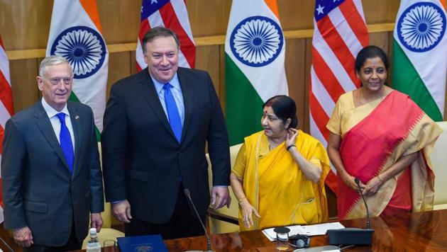 External affairs minister Sushma Swaraj, defence minister Nirmala Sitharaman, US secretary of state Mike Pompeo and US secretary of defense James Mattis at a joint press conference after the India-US 2 + 2 Dialogue, in New Delhi, on September 6, 2018.(PTI) External affairs minister Sushma Swaraj, defence minister Nirmala Sitharaman, US secretary of state Mike Pompeo and US secretary of defense James Mattis at a joint press conference after the India-US 2 + 2 Dialogue, in New Delhi, on September 6, 2018.(PTI)