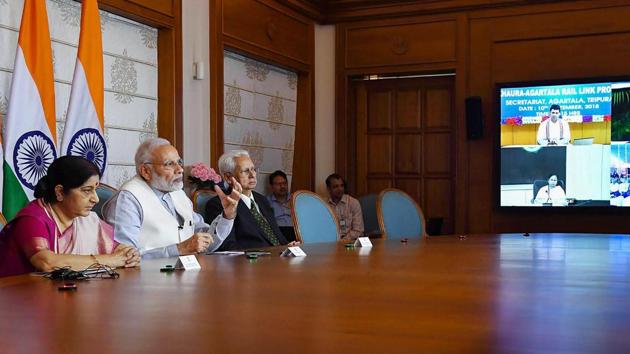 Prime Minister Narendra Modi and Prime Minister of Bangladesh Sheikh Hasina (on the screen) jointly dedicate three projects in Bangladesh via video conference, in New Delhi, Monday, September 10, 2018. External Affairs Minister Sushma Swaraj is also seen. (PTI Photo) Prime Minister Narendra Modi and Prime Minister of Bangladesh Sheikh Hasina (on the screen) jointly dedicate three projects in Bangladesh via video conference, in New Delhi, Monday, September 10, 2018. External Affairs Minister Sushma Swaraj is also seen. (PTI Photo)
