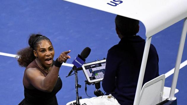 Serena Williams yells at chair umpire Carlos Ramos in the women's final against Naomi Osaka of Japan in the US Open tennis tournament.(USA TODAY Sports)
