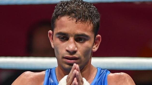 Amit Panghal gestures after winning the gold medal in boxing at the Asian Games 2018.(PTI)