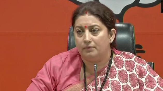 Union minister Smriti Irani holds a press conference in New Delhi.(ANI Photo) Union minister Smriti Irani holds a press conference in New Delhi.(ANI Photo)
