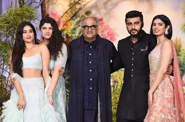 Janhvi Kapoor, Anshula Kapoor, Arjun Kapoor and Khushi Kapoor with their father Boney Kapoor at their cousin Sonam Kapoor’s wedding in May.(Agencies)