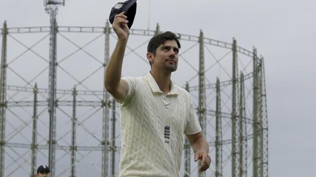 England's Alastair Cook, at the end of his last ever match before retiring from test cricket, raises his cap. (AP) England's Alastair Cook, at the end of his last ever match before retiring from test cricket, raises his cap. (AP)