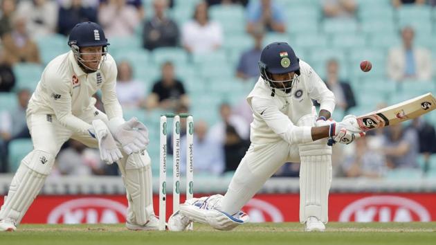 India's K. L. Rahul hits a four behind during Day 5 of the fifth Test. (AP) 