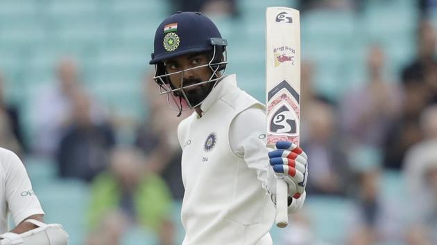 K. L. Rahul raises his bat after reaching 50 runs on the final day of the fifth test match of a five match series between England and India at the Oval in London. Chasing a daunting target of 464 runs, India lost their top order batsmen on day four with the pair of K L Rahul and Rahane looking to salvage a draw in a series in which England are already 3-1 ahead. (Matt Dunham / AP) K. L. Rahul raises his bat after reaching 50 runs on the final day of the fifth test match of a five match series between England and India at the Oval in London. Chasing a daunting target of 464 runs, India lost their top order batsmen on day four with the pair of K L Rahul and Rahane looking to salvage a draw in a series in which England are already 3-1 ahead. (Matt Dunham / AP)