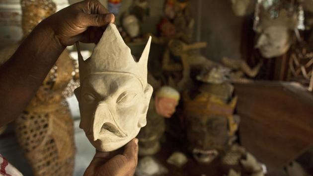 Vaishnavite practice is credited with preserving the culture of mask-making, an integral part of the dance dramas or Bhaonas. At the Samaguri Satra, the monks create three-dimensional bamboo frames and develop a contour using a mixture of clay, cow dung and paint to depict characters from Indian mythology. These masks are worn during Ras leela and Bhaona. (Anupam Nath / AP)