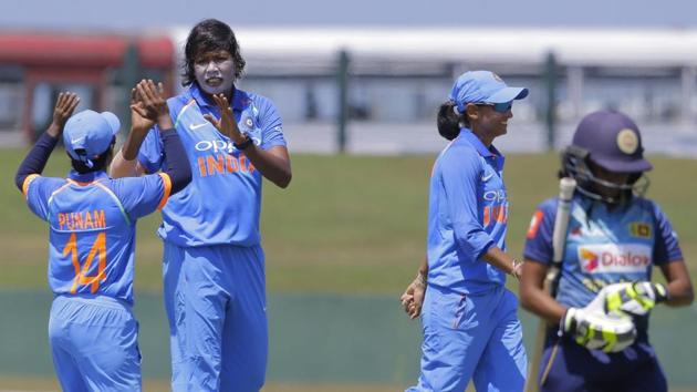 Jhulan Goswamy (2L) celebrates after taking the wicket of Sri Lanka's Nipuni Hansika (R) during the first one day international women's cricket match in Galle, Sri Lanka. India won the match by nine wickets after bundling Sri Lanka out for 98. (AP) Jhulan Goswamy (2L) celebrates after taking the wicket of Sri Lanka's Nipuni Hansika (R) during the first one day international women's cricket match in Galle, Sri Lanka. India won the match by nine wickets after bundling Sri Lanka out for 98. (AP)
