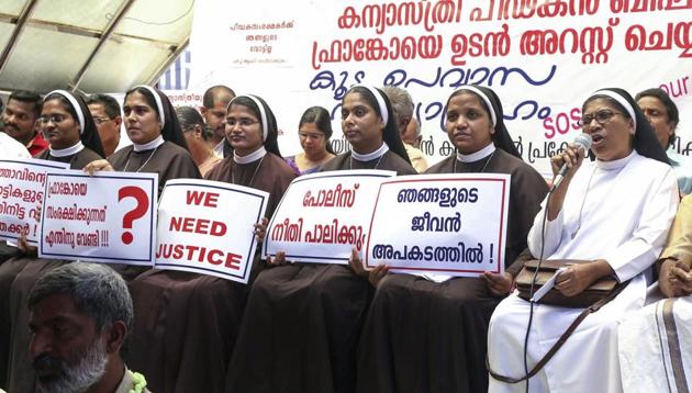 Nuns protest against the delay in action against Roman Catholic Church Bishop alleged accused of sexually exploiting a nun in Kochi, on September 8, 2018.(PTI)