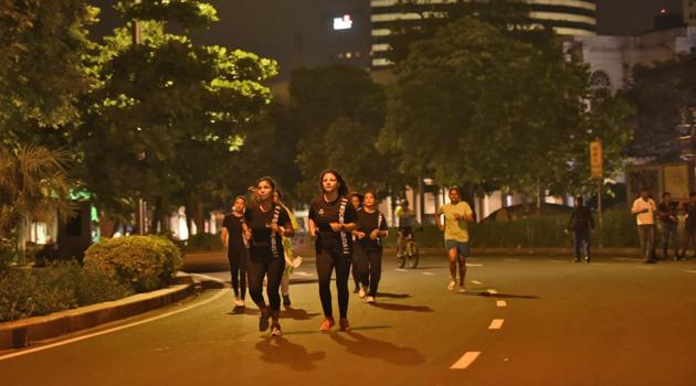 The participants were joined by several women personnel of Delhi Police as well.(Burhaan Kinu/HT Photo)
