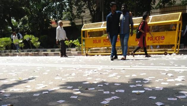 DUSU Elections 2018: Pamphlets on the road during the DUSU election in North Campus in New Delhi.(Sushil Kumar/HT Photo)