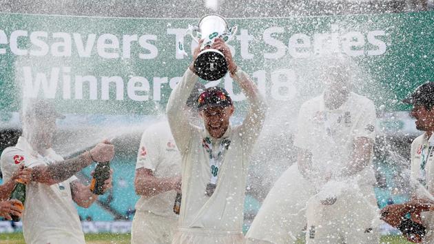 English players celebrate after winning the five-Test series against India. (REUTERS) English players celebrate after winning the five-Test series against India. (REUTERS)
