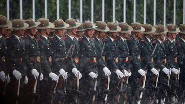 Nepalese Army personnel wait in the rain to present the guard of honour to Sri Lanka's President Maithripala Sirisena before his arrival to attend the Bay of Bengal Initiative for Multi-Sectoral Technical and Economic Cooperation (BIMSTEC) summit in Kathmandu, Nepal August 29, 2018.(REUTERS FIle Photo)
